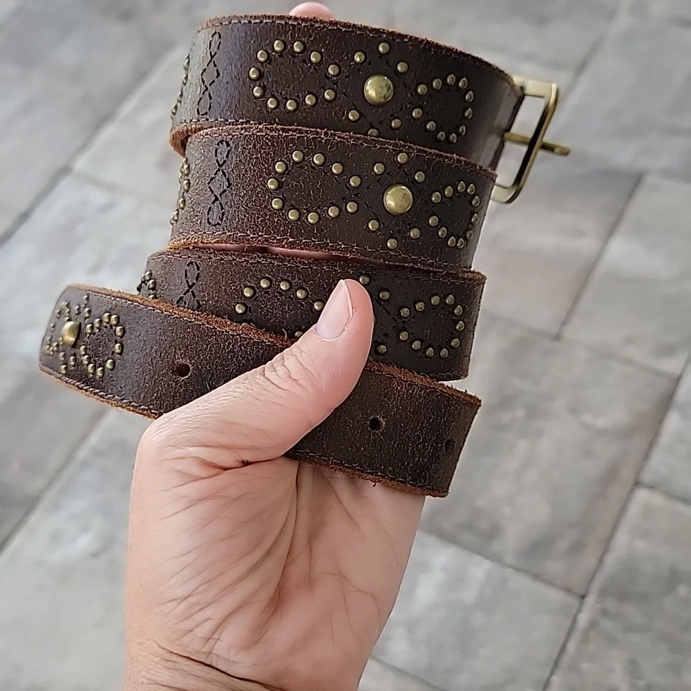FRYE AND CO. Western Leather Belt with Antique Brass Hardware Sz L